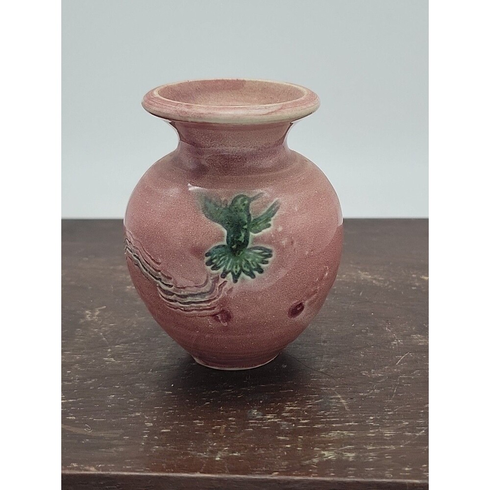 Vtg Pink Hummingbird Pottery Vase Green Marked Small Spring Bird Flying